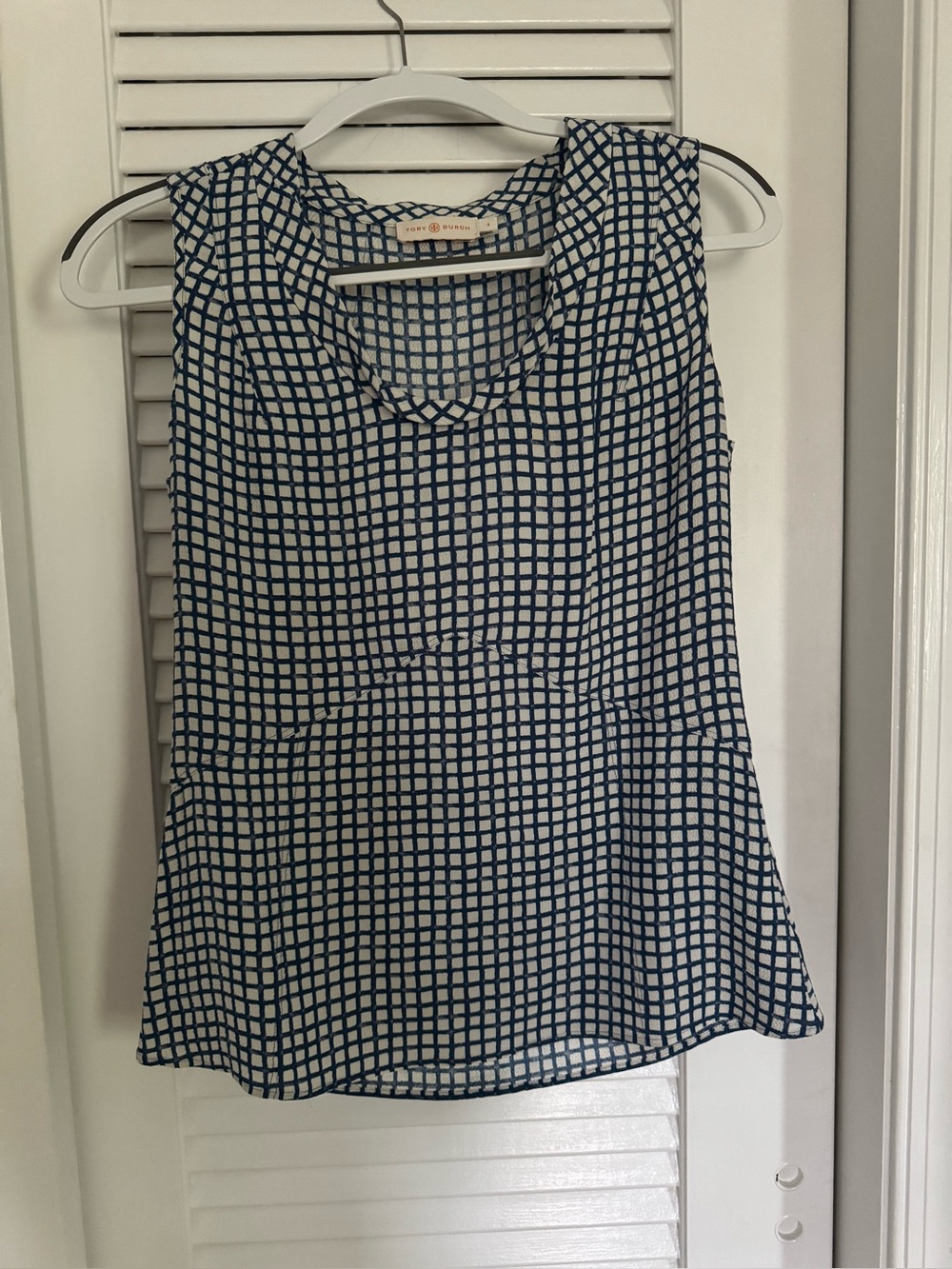 Tory Burch Navy and White Sleeveless Grid Blouse